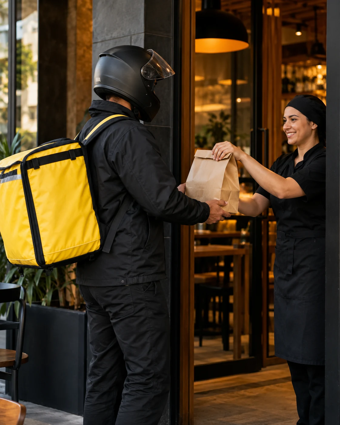 Entregador recebendo uma embalagem de comida na entrada de um restaurante